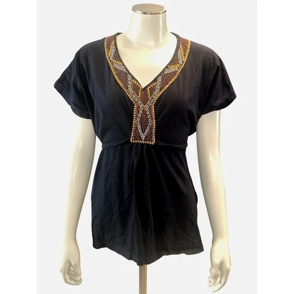 French Laundry Size Medium Black Cotton Tunic Top Embroidered Boho City Chic - Picture 2 of 11